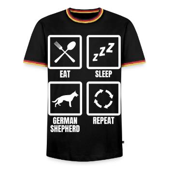 Mange, dors, Berger allemand, répète - T-shirt contrasté Homme - noir/tricolore - Devant - AI Model Male 178 light (178cm) & AI Model Male 185 light (185cm)