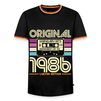 Originalkassette von 1986 Retro Limited - Männer Kontrast-T-Shirt - Schwarz/Dreifarbig - Vorne - AI Model Male 178 light (178cm) & AI Model Male 185 light (185cm)