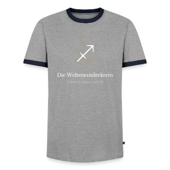 Weltenentdeckerin Sternzeichen - Männer Kontrast-T-Shirt - Grau/Navy  - Vorne - AI Model Female 172 light (172cm) & AI Model Male 178 light (178cm)