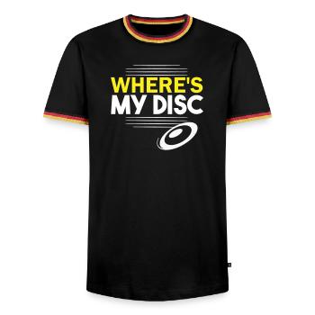 Où est mon disque ? - T-shirt contrasté Homme - noir/tricolore - Devant - AI Model Male 178 light (178cm) & AI Model Male 185 light (185cm)