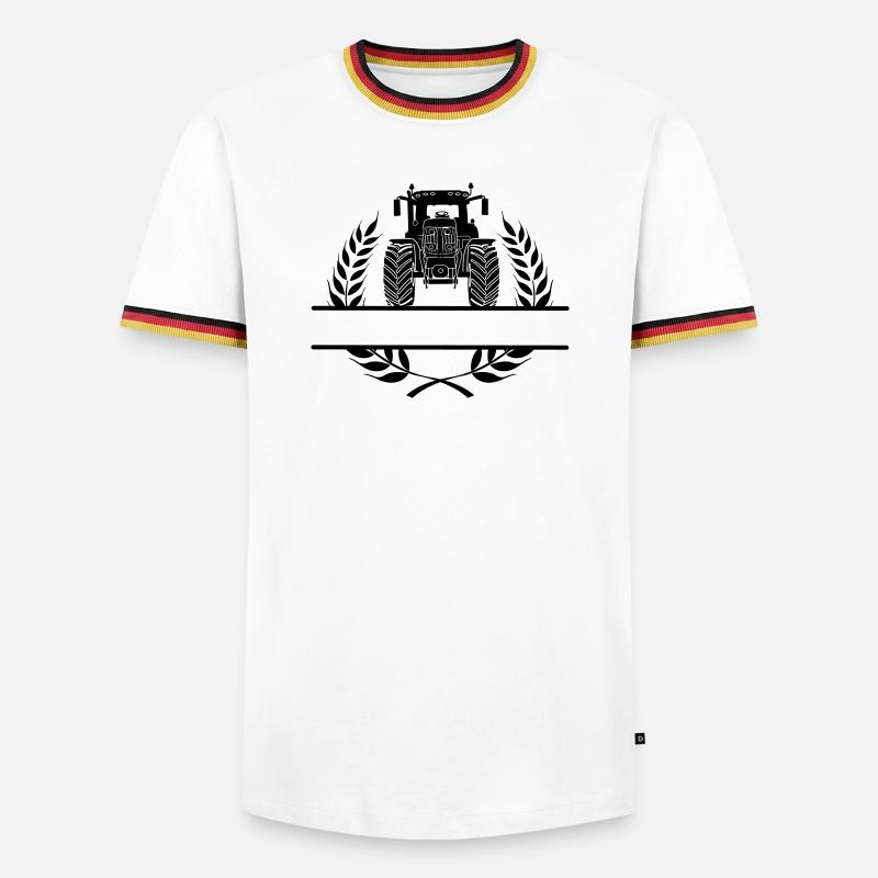 Traktor-Frontansicht im Lorbeerkranz - Männer Kontrast-T-Shirt - Weiß/Dreifarbig