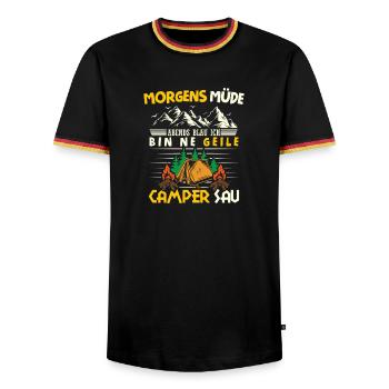 Camper Camping Caravan Saying - Men's Ringer Shirt - black/tricolour - Front - AI Model Male 178 light (178cm) & AI Model Male 185 light (185cm)