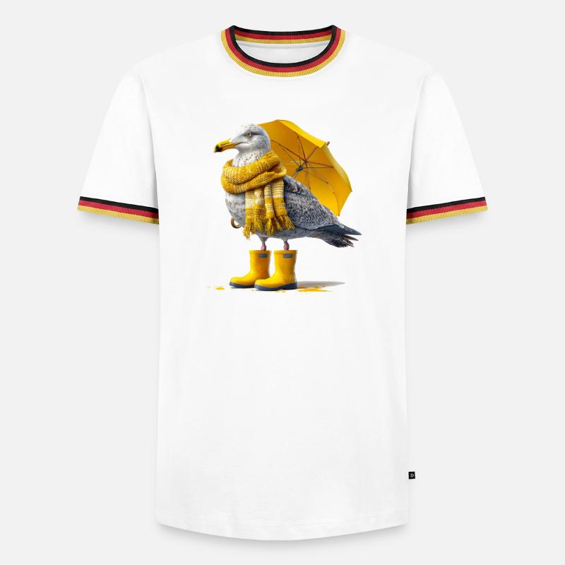 Seagull with yellow umbrella and boots - Men's Ringer Shirt - white/tricolour