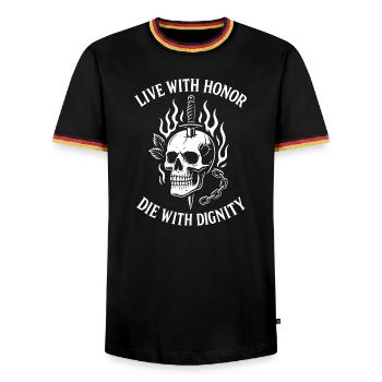 Flaming Skull with Sword of Honor Live With Honor - Men's Ringer Shirt - black/tricolour - Front - AI Model Male 178 light (178cm) & AI Model Male 185 light (185cm)