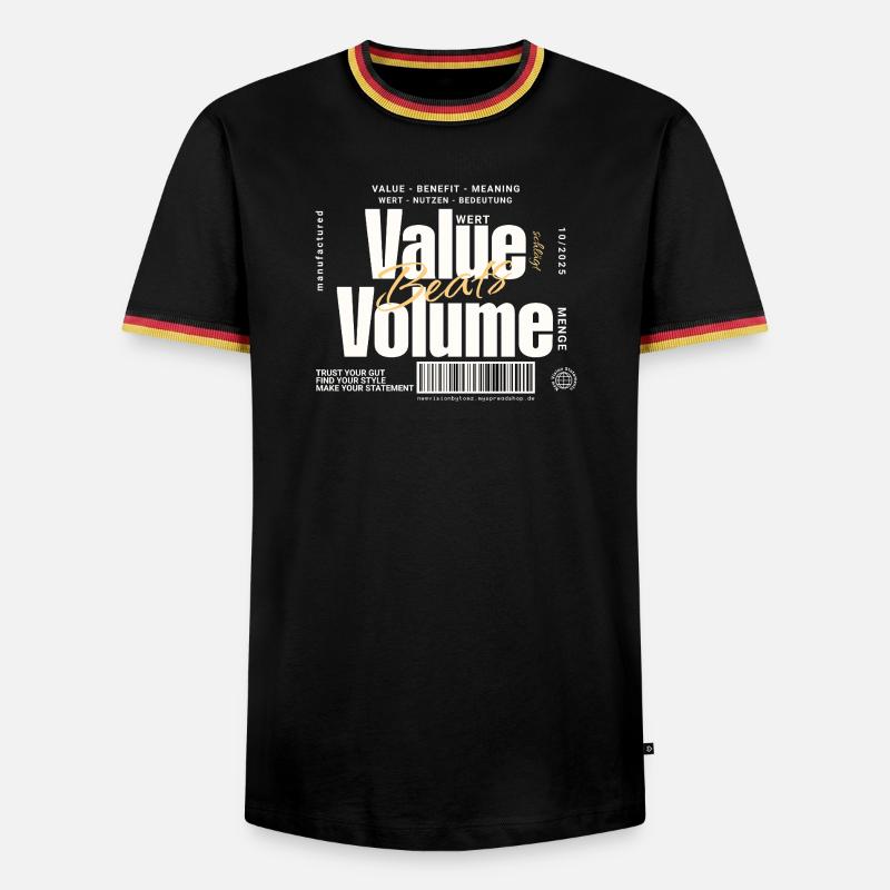 Value Beats Volume – Statement Design (Dunkel) - Männer Kontrast-T-Shirt - Schwarz/Dreifarbig