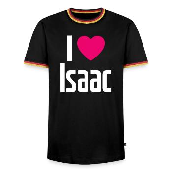 I Love Isaac Pink Heart I Love Isaac - Men's Ringer Shirt - black/tricolour - Front - AI Model Male 178 light (178cm) & AI Model Male 185 light (185cm)