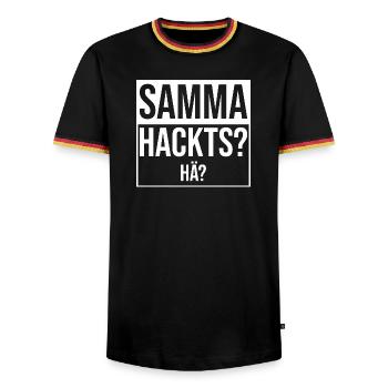 samma hacks hä - Men's Ringer Shirt - black/tricolour - Front - AI Model Male 178 light (178cm) & AI Model Male 185 light (185cm)