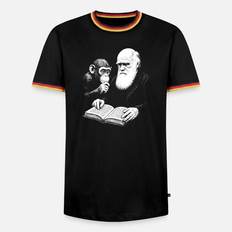 Charles Darwin studying with Monkey  - Men's Ringer Shirt - black/tricolour