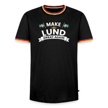 Lund City Pride Crest - Men's Ringer Shirt - black/tricolour - Front - AI Model Male 178 light (178cm) & AI Model Male 185 light (185cm)