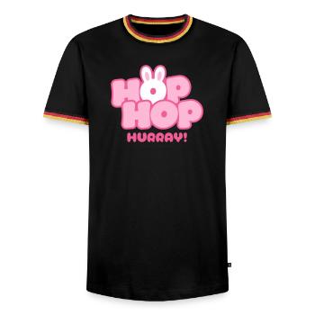 Hop Hop Hurray | Cute Bunny Saying Motif - Men's Ringer Shirt - black/tricolour - Front - AI Model Male 178 light (178cm) & AI Model Male 185 light (185cm)