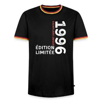 1996 vintage typographic style - Men's Ringer Shirt - black/tricolour - Front - AI Model Male 178 light (178cm) & AI Model Male 185 light (185cm)