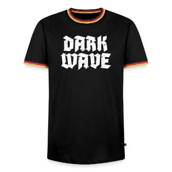 Dark Wave typography logo design - Men's Ringer Shirt - black/tricolour - Front - AI Model Male 178 light (178cm) & AI Model Male 185 light (185cm)