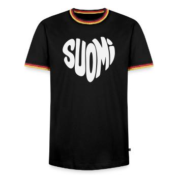 Finnland, Suomi Herz Typo - Männer Kontrast-T-Shirt - Schwarz/Dreifarbig - Vorne - AI Model Male 178 light (178cm) & AI Model Male 185 light (185cm)