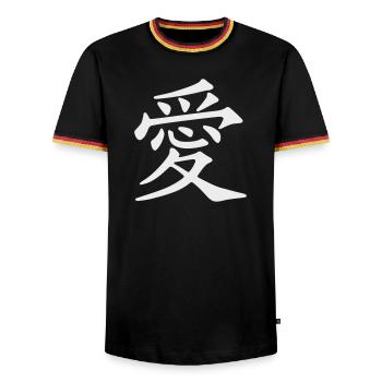 Liebe Kanji Kunst: Harmonische Schrift - Männer Kontrast-T-Shirt - Schwarz/Dreifarbig - Vorne - AI Model Male 178 light (178cm) & AI Model Male 185 light (185cm)