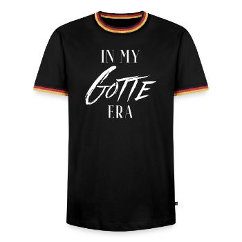 In my Gotte era, gift godmother - Men's Ringer Shirt - black/tricolour - Front - AI Model Male 178 light (178cm) & AI Model Male 185 light (185cm)