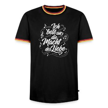 Ich bete an die Macht der Liebe - Lettering - Männer Kontrast-T-Shirt - Schwarz/Dreifarbig - Vorne - AI Model Male 178 light (178cm) & AI Model Male 185 light (185cm)