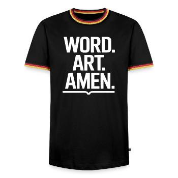 Wortkunst Amen-Typografie - Männer Kontrast-T-Shirt - Schwarz/Dreifarbig - Vorne - AI Model Male 178 light (178cm) & AI Model Male 185 light (185cm)