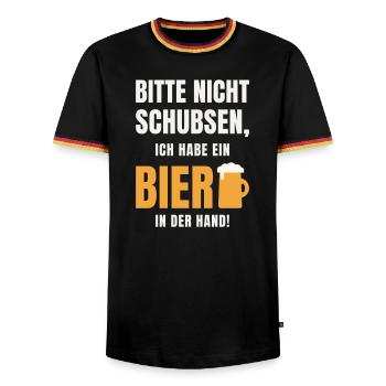 Bitte nicht schubsen ich habe ein Bier in der Hand - Männer Kontrast-T-Shirt - Schwarz/Dreifarbig - Vorne - AI Model Male 178 light (178cm) & AI Model Male 185 light (185cm)