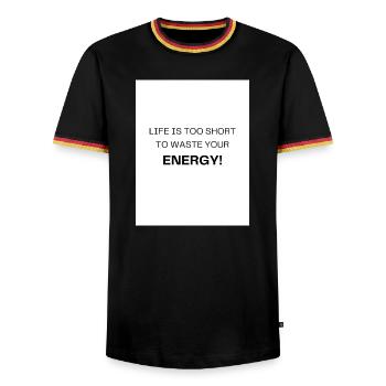 Leben zu kurz – Energie sinnvoll nutzen - Männer Kontrast-T-Shirt - Schwarz/Dreifarbig - Vorne - AI Model Male 178 light (178cm) & AI Model Male 185 light (185cm)