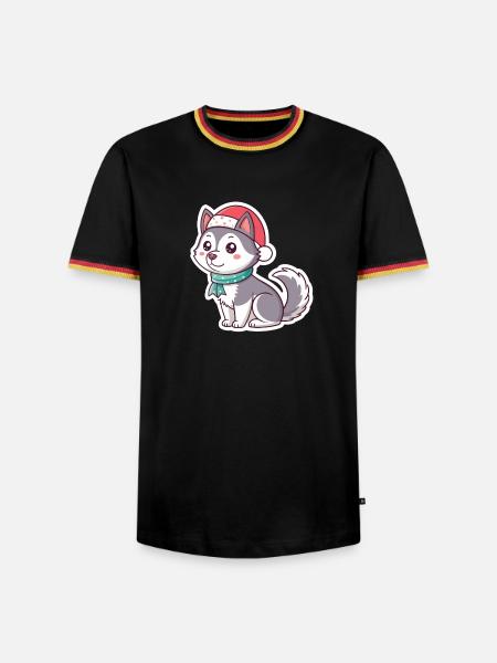 Festlicher Husky mit rotem Hut - Männer Kontrast-T-Shirt - Schwarz/Dreifarbig