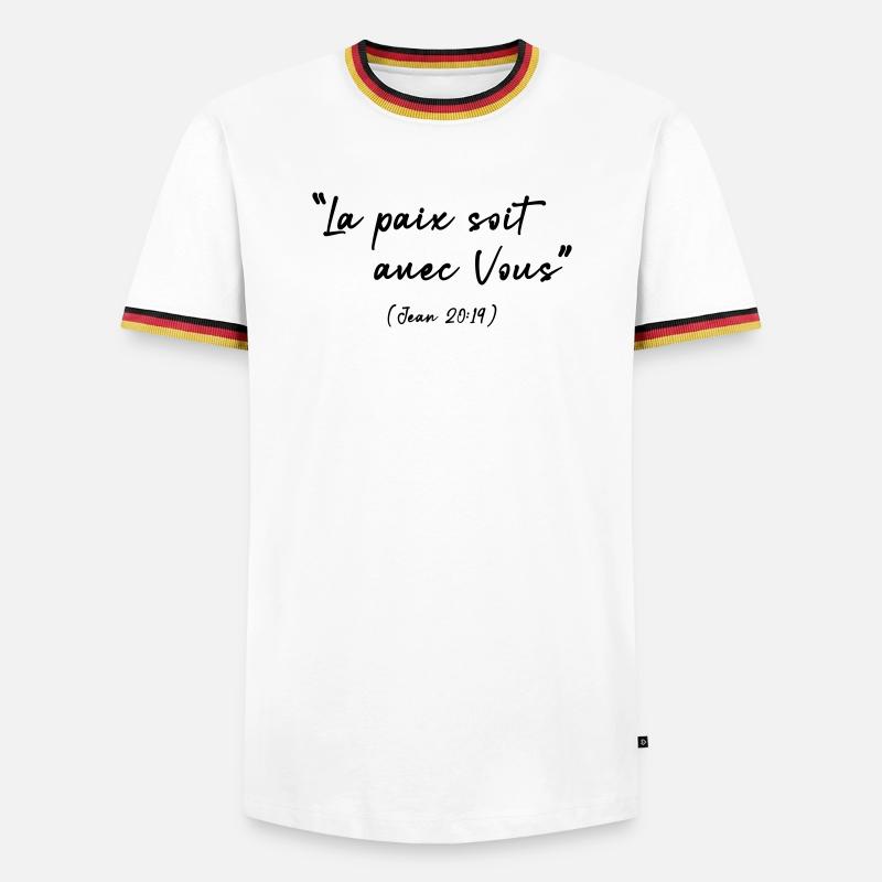 Friede sei mit dir (Johannes 20,19) - Männer Kontrast-T-Shirt - Weiß/Dreifarbig