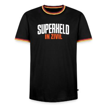 Superheld In Zivil Superhero Superhelden Kostüm - Männer Kontrast-T-Shirt - Schwarz/Dreifarbig - Vorne - AI Model Male 178 light (178cm) & AI Model Male 185 light (185cm)