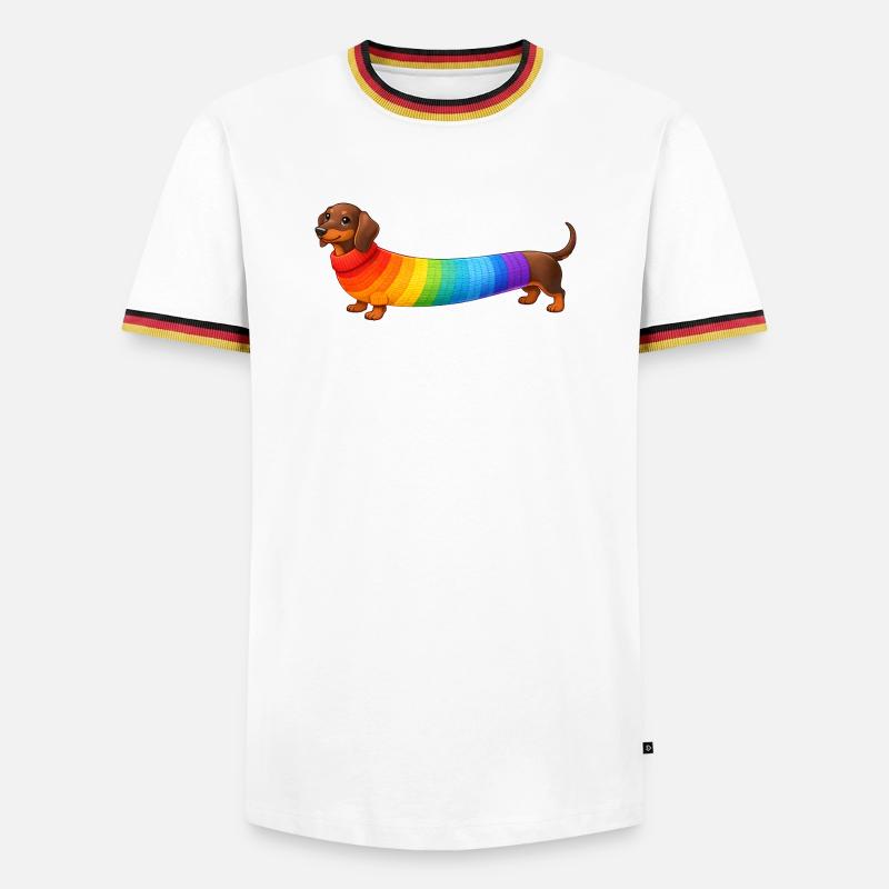 Dackel mit Regenbogen Pullover  - Männer Kontrast-T-Shirt - Weiß/Dreifarbig