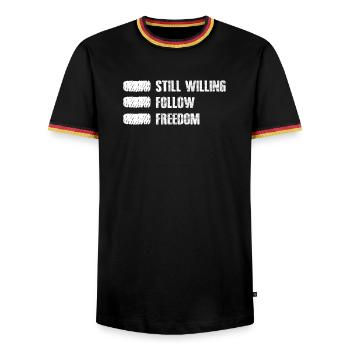 Still Willing to Follow Freedom - Men's Ringer Shirt - black/tricolour - Front - AI Model Male 178 light (178cm) & AI Model Male 185 light (185cm)
