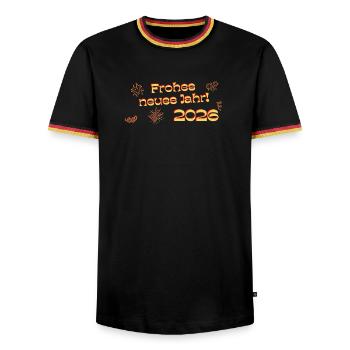 Frohes neues Jahr 2026 Text rot golden dekorativ - Männer Kontrast-T-Shirt - Schwarz/Dreifarbig - Vorne - AI Model Male 178 light (178cm) & AI Model Male 185 light (185cm)