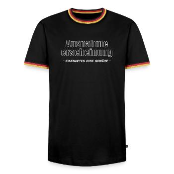 Ausnahmeerscheinung Schriftzug - Männer Kontrast-T-Shirt - Schwarz/Dreifarbig - Vorne - AI Model Male 178 light (178cm) & AI Model Male 185 light (185cm)