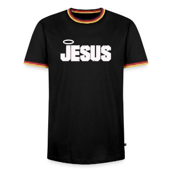 Jesus Schriftzug mit Heiligenschein - Männer Kontrast-T-Shirt - Schwarz/Dreifarbig - Vorne - AI Model Male 178 light (178cm) & AI Model Male 185 light (185cm)