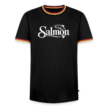 Minimalistische Weißlachs-Angel-Logo-Grafik - Männer Kontrast-T-Shirt - Schwarz/Dreifarbig - Vorne - AI Model Male 178 light (178cm) & AI Model Male 185 light (185cm)