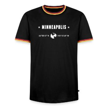 Minneapolis Minnesota Coordinates  White - Men's Ringer Shirt - black/tricolour - Front - AI Model Male 178 light (178cm) & AI Model Male 185 light (185cm)