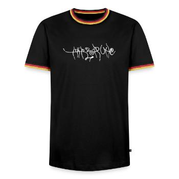 Karlsruhe Graffiti Gift Idea and Souvenir - Men's Ringer Shirt - black/tricolour - Front - AI Model Male 178 light (178cm) & AI Model Male 185 light (185cm)