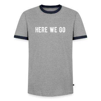 Here We Go Game Day Minimal Design - Men's Ringer Shirt - grey/navy  - Front - AI Model Female 172 light (172cm) & AI Model Male 178 light (178cm)