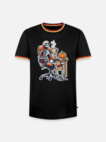 Herbstskelett am Kaffeetisch - Männer Kontrast-T-Shirt - Schwarz/Dreifarbig