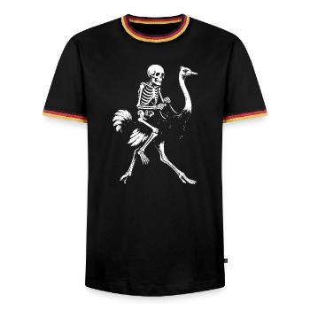 Eerie Skeleton on Flying Ostrich Illustration - Men's Ringer Shirt - black/tricolour - Front - AI Model Male 178 light (178cm) & AI Model Male 185 light (185cm)