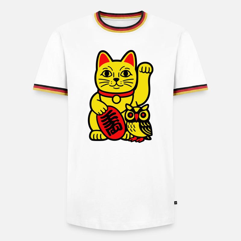 Glückskatze mit kleiner Eule - Männer Kontrast-T-Shirt - Weiß/Dreifarbig