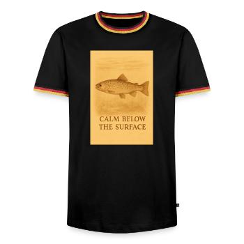 Ruhe unter der Oberfläche – Forellenabdruck - Männer Kontrast-T-Shirt - Schwarz/Dreifarbig - Vorne - AI Model Male 178 light (178cm) & AI Model Male 185 light (185cm)