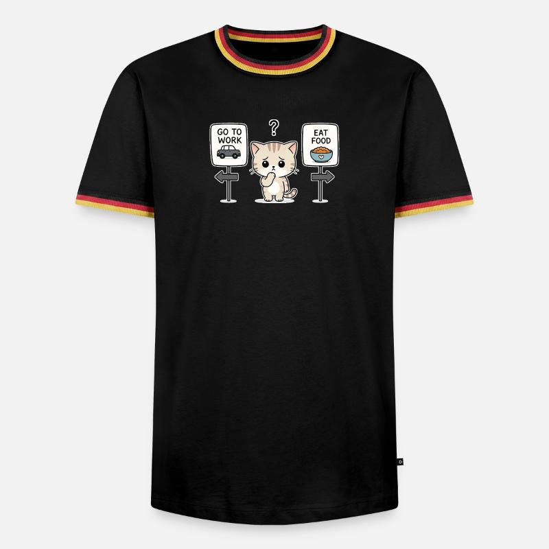 Katzendilemma: Arbeit oder Mahlzeit - Männer Kontrast-T-Shirt - Schwarz/Dreifarbig