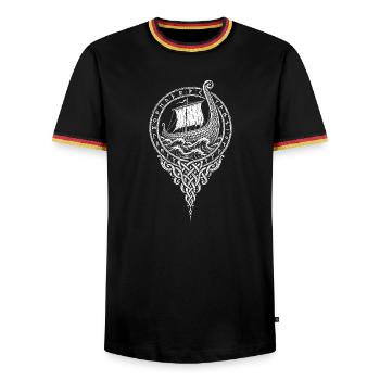 Das Schiff aus Nägeln – Totenschiff im Runenring - Männer Kontrast-T-Shirt - Schwarz/Dreifarbig - Vorne - AI Model Male 178 light (178cm) & AI Model Male 185 light (185cm)
