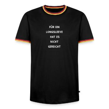 Spruch "FÜR EIN LONGSLEEVE HAT ES NICHT GEREICHT" - Männer Kontrast-T-Shirt - Schwarz/Dreifarbig - Vorne - AI Model Male 178 light (178cm) & AI Model Male 185 light (185cm)