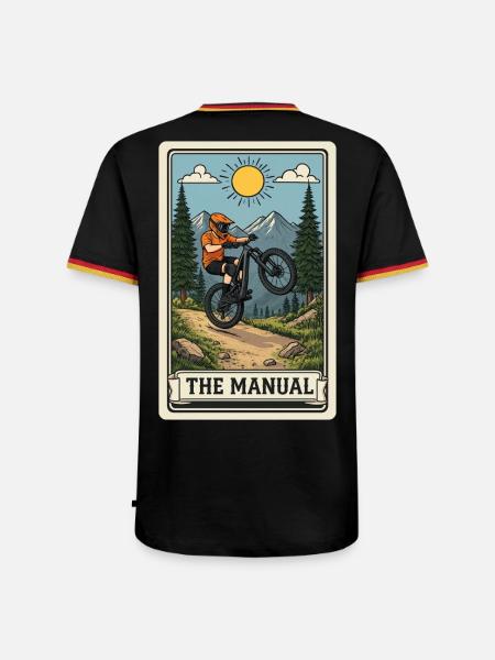 Manual-Trick im Mountainbike-Trail - Männer Kontrast-T-Shirt - Schwarz/Dreifarbig
