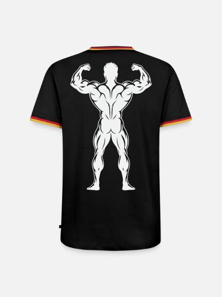 Rückenprint: Bodybuilder-Trainings, - Männer Kontrast-T-Shirt - Schwarz/Dreifarbig