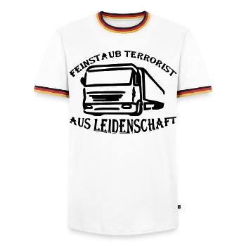 Feinstaub Terrorist aus Leidenschaft - Männer Kontrast-T-Shirt - Weiß/Dreifarbig - Vorne - AI Model Female 172 light (172cm) & AI Model Male 185 light (185cm)