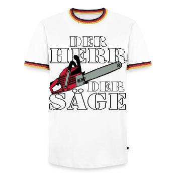 Motorsäge , der Herr der Säge Motorsäge (25) - Männer Kontrast-T-Shirt - Weiß/Dreifarbig - Vorne - AI Model Female 172 light (172cm) & AI Model Male 185 light (185cm)