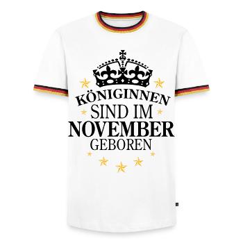 Königinnen November - Männer Kontrast-T-Shirt - Weiß/Dreifarbig - Vorne - AI Model Female 172 light (172cm) & AI Model Male 185 light (185cm)