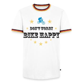 Don't worry bike happy - Männer Kontrast-T-Shirt - Weiß/Dreifarbig - Vorne - AI Model Female 172 light (172cm) & AI Model Male 185 light (185cm)