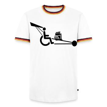 Image d’un fauteuil roulant avec moteur V8 # - T-shirt contrasté Homme - blanc/tricolore - Devant - AI Model Female 172 light (172cm) & AI Model Male 185 light (185cm)