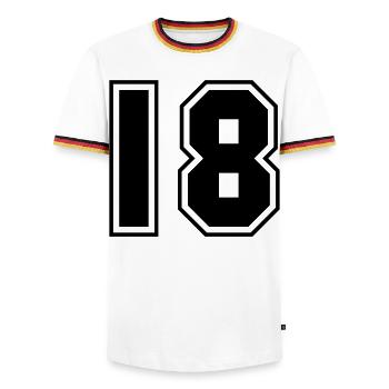 Numéro 18 : Design sportif de style universitaire - T-shirt contrasté Homme - blanc/tricolore - Devant - AI Model Female 172 light (172cm) & AI Model Male 185 light (185cm)